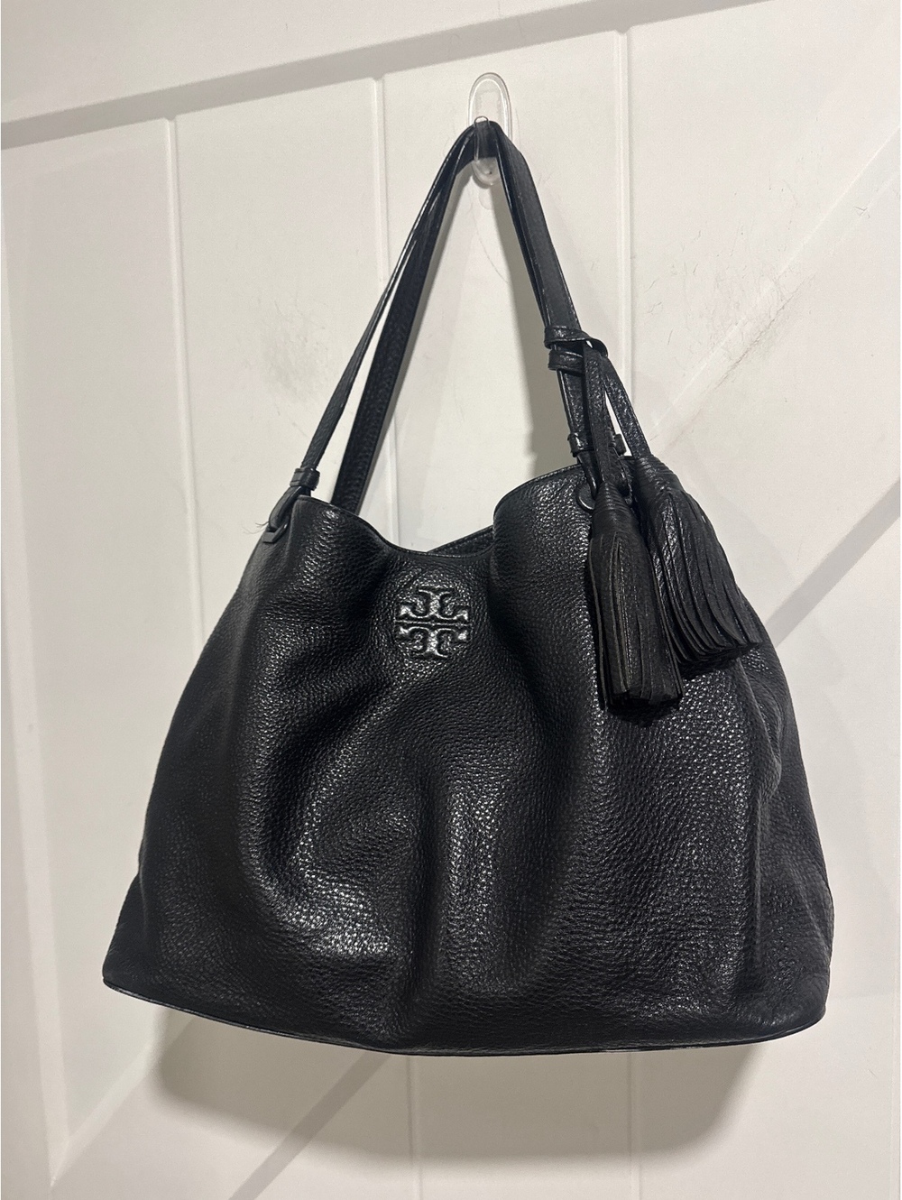 Tory Burch Black Pebbled Leather Thea Tote Hobo Bag with Tassels and Center Zip